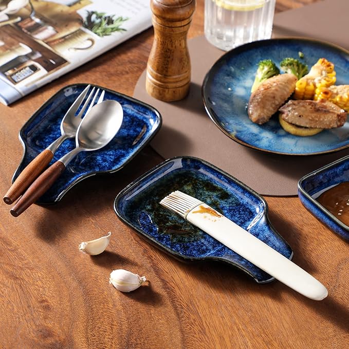 vancasso Stern Spoon Rest for Kitchen, Square Ceramic Spoon Holder for Stove Top, Heat Resistant Utensil Rest for Countertop, Dishwasher Safe, Kiln Blue, 2 Pack