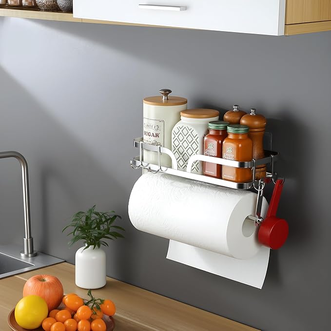 ZUNTO Wall Mount Paper Towel Holder with Shelf, Self Adhesive or Drilling, Stick on Wall Paper Towel Bar Spice Rack for Kitchen, Garage Organizer and Storage, Silver