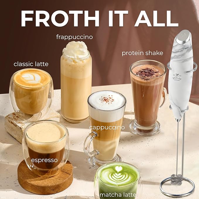Zulay Kitchen Patented Tornado Triple Whisk Milk Frother with 4 Duracell Batteries – Handheld Foam Maker for Coffee, Lattes, Matcha & Hot Chocolate – Rich, Creamy Froth in Seconds - Marble