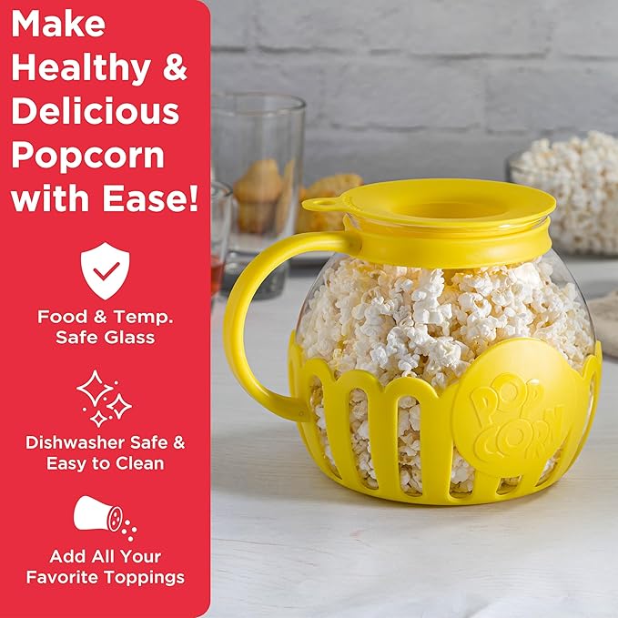 Ecolution Patented Micro-Pop Microwave Popcorn Popper with Temperature Safe Glass,3-in-1 Lid Measures Kernels and Melts Butter,Made Without BPA,Dishwasher Safe,3-Quart,Yellow,(Pack of 4)