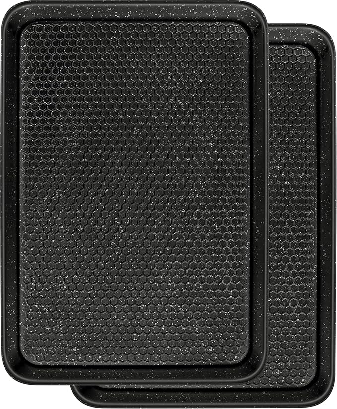 Wildone Baking Sheet Pan Set, Honeycomb Embossed Nonstick Baking Sheet 15x10 In, Thicker Carbon Steel Cookie Sheet, Even Heating Jelly Roll Pan, Black, 2 Pack