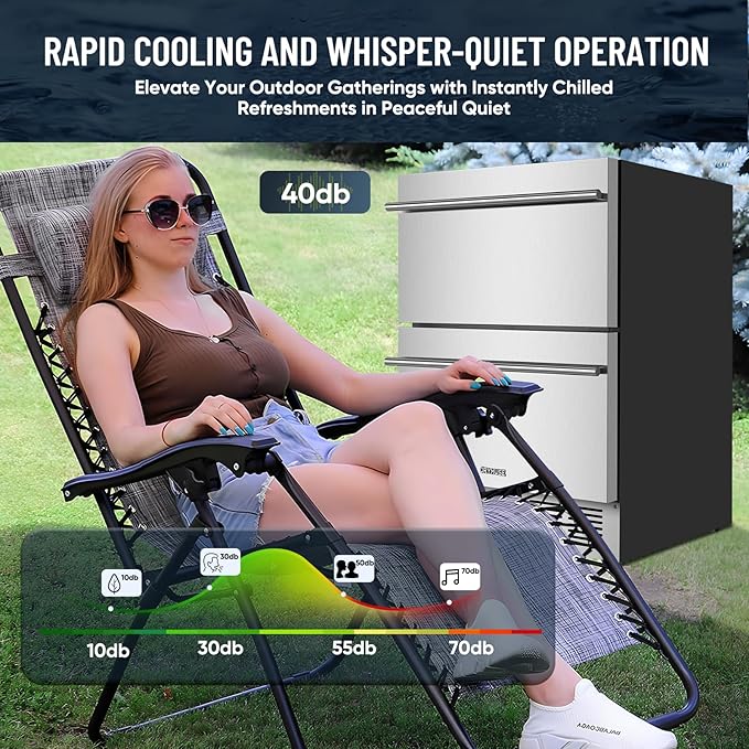 ORYMUSE Outdoor Drawer Refrigerator, 24 Inch Undercounter Beverage Cooler Fridge with Stainless Steel Seamless Door Can Hold 154 Cans w/Powerful Cooling Compressor for Kitchen and Commercial