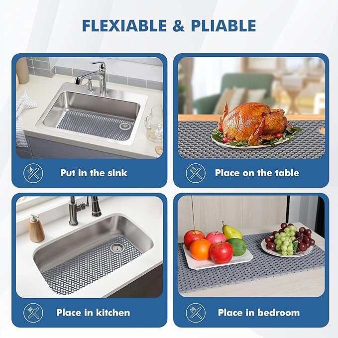 Bestjing Silicone Sink Protectors for Kitchen Sink - 28.4"x 14.3" Kitchen Protector Accessory, Non-Slip Heat Resistant Mat for Bottom of Farmhouse Porcelain Stainless Steel (Top Right Drain Hole,Gray)