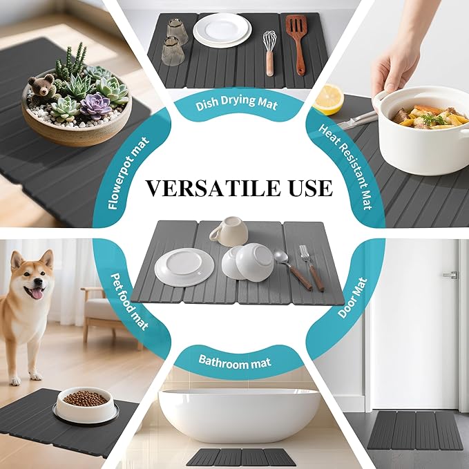 Extral Large Quick Dry Stone Drying Mat for Kitchen Counter,28x16 Inch Collapsible Eco-Friendly Absorbent Diatomaceous Earth Mat for Dishes Cups (Deep Gray-Upgraded Version, 16x12 inch)