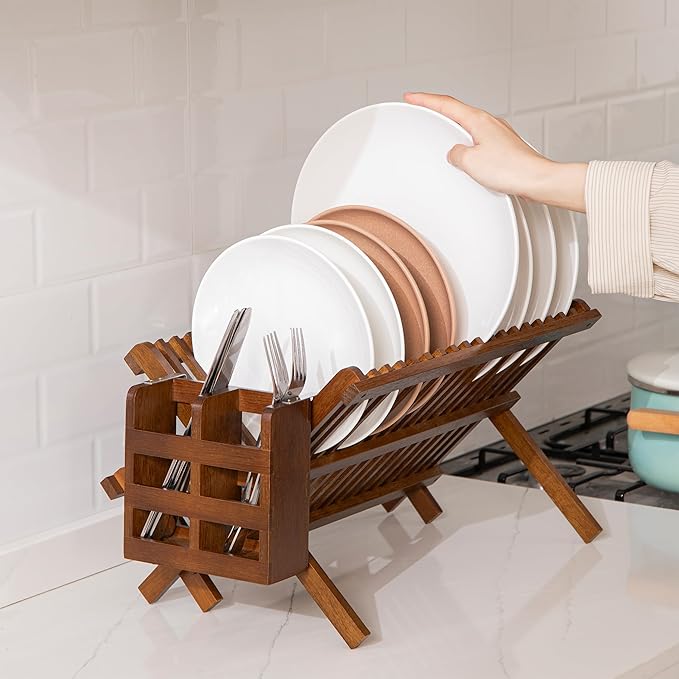 HBlife Dish Rack,Teak Folding 2-Tier Collapsible Drainer Dish Drying Rack with Utensils Flatware Holder Set (Dish Rack with Utensil Holder)