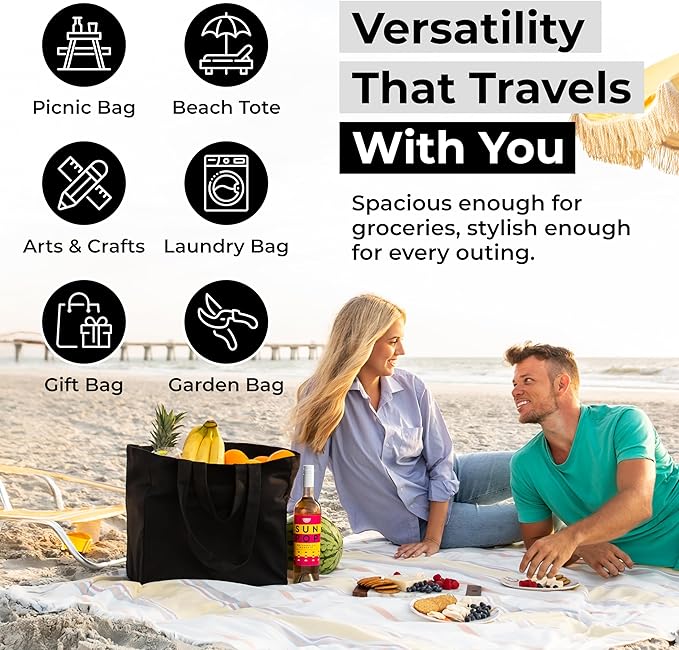 VeraMia Canvas Grocery Bag 3pc XL Set with Real Pockets, Long Shoulder Strap and Short Handle. Heavy Duty, Foldable, Washable