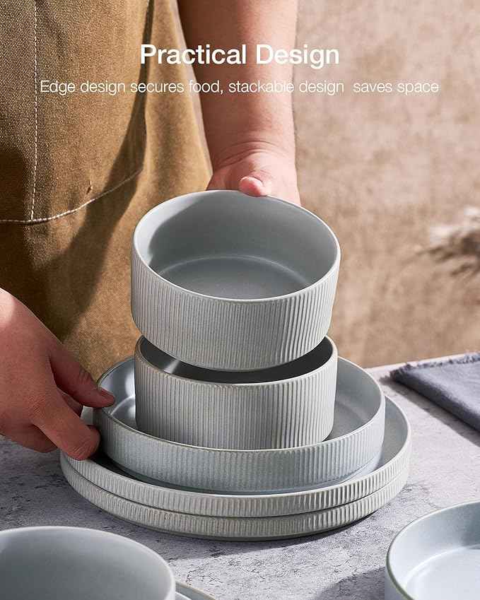 Famiware Star Dinnerware Set, Plates and Bowls Sets for 4 (12pcs), Ribbed Stoneware Dishes - Chip & Scratch Resistant, Microwave & Dishwasher Safe, Matte Gray