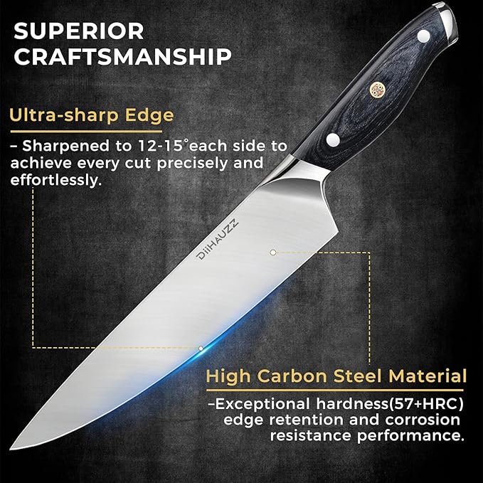 Chef Knife, 8 Inch Ultra Sharp Kitchen Knife, Professional High Carbon Steel Chefs Knife with Full-Tang Ergonomic Handle for Kitchen, Gift Box for Mothers Day Gift