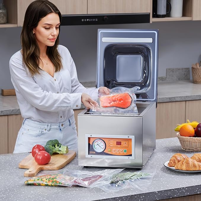 VEVOR Chamber Vacuum Sealer, 260W Sealing Power, Vacuum Packing Machine for Wet Foods, Meats, Marinades and More, Compact Size with 10.2 in Sealing Length, Applied in Home Kitchen