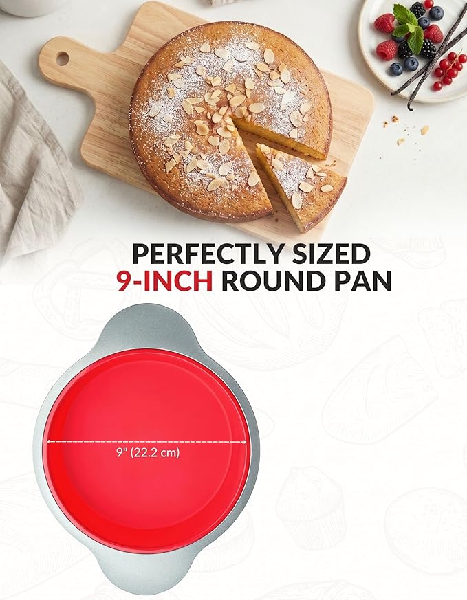 Boxiki Kitchen 9 Inch Non-Stick Silicone Round Cake Pan with Steel Frame Handles - Perfect for Baking Delicious Round Cakes