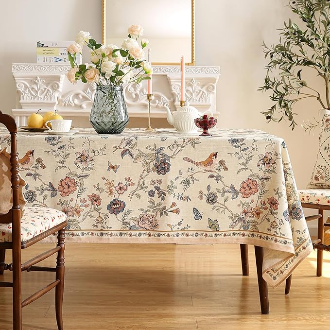 ISAENNE Designer French Light Beige Small Rectangular Tablecloth,Linen Florals and Birds Pattern Table Cloth,Anti-Wrinkle Decorative Tablecloths for Dining Thanksgiving Kitchen,55"*71"-Cornucopia