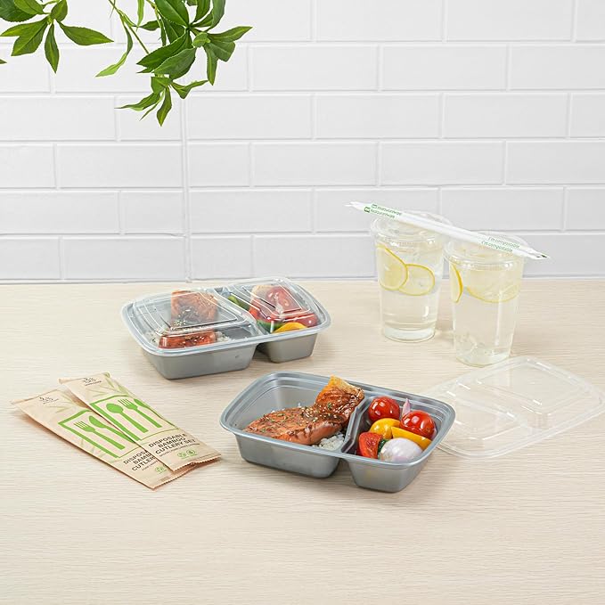 Restaurantware-Asporto 26 Ounce Compartment Take Out Boxes, 100 Microwavable Meal Prep Containers - 2 Compartments, With Clear Plastic Lids, Silver Plastic Food Containers, Do Not Contain BPA