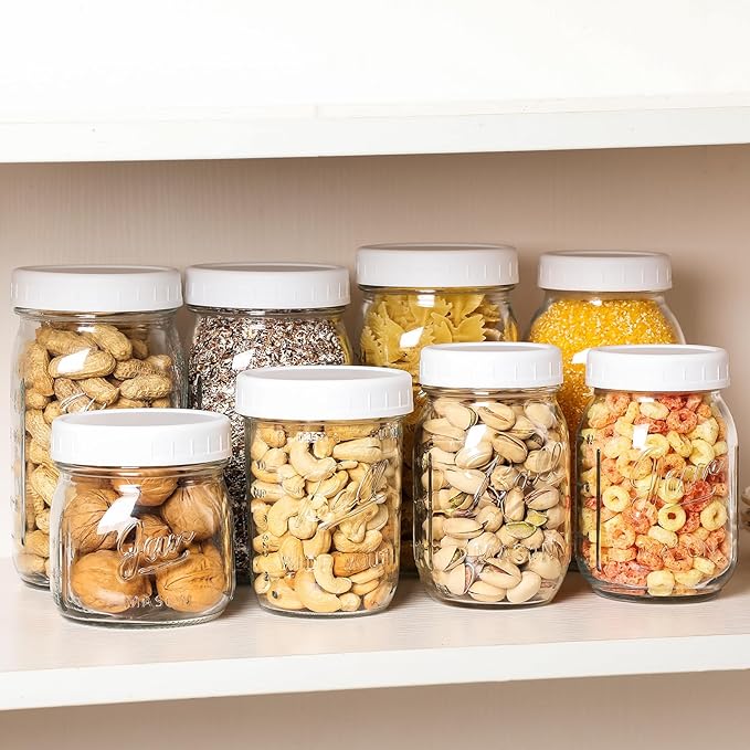 AOZITA 16-Pack Plastic Mason Jar Lids - 8 Regular Mouth and 8 Wide Mouth Jar Lids - Plastic Storage Caps for Ball, Kerr Canning Mason Jars - 100% Sealing & Dishwasher Safe & Food Grade