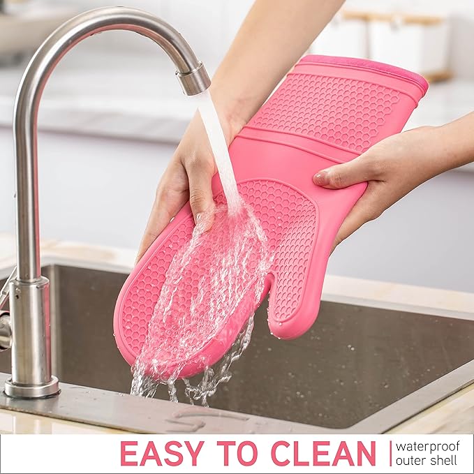 COOK WITH COLOR Silicone Oven Mitts- Heat Resistant Gloves with Soft Quilted Lining Oven Mitt Pot Holders for Cooking and BBQ, Pink, Mitt Set