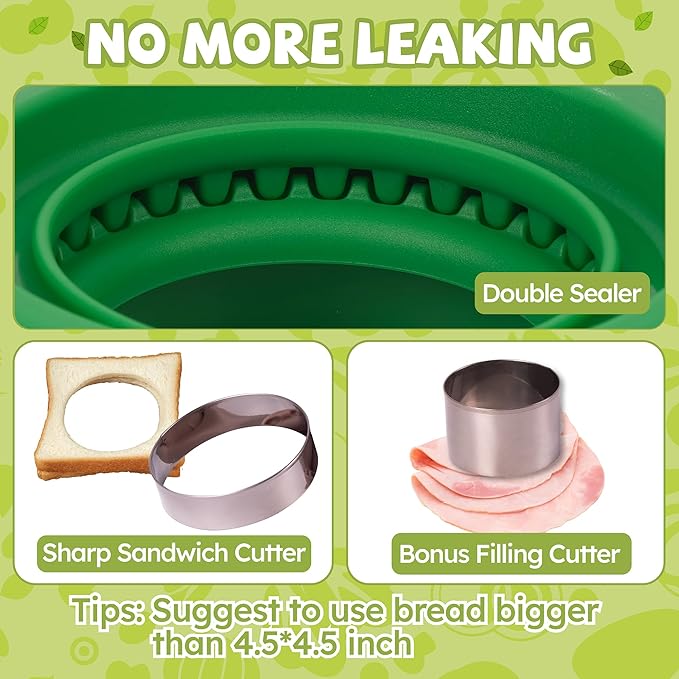 LEPCY Uncrustables Sandwich Maker Sealer Cutter, Crustless Sandwich Cutter, PB&J Uncrustable Maker - Color Green, Round Shape