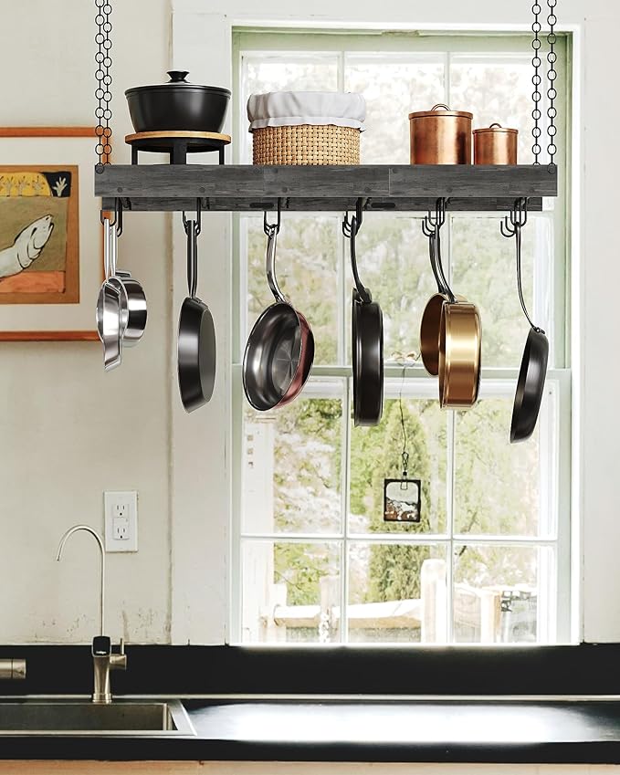 CHOEZON Hanging Pot Rack, 35.4" L x 13" W Ceiling Pot Hanger, Industrial Style Pot Rack, Wall Mounted Pot Hanger for Kitchen, Pot and Pan Hanging Rack, with Hooks, Charcoal Black and Black TPR12BCC1