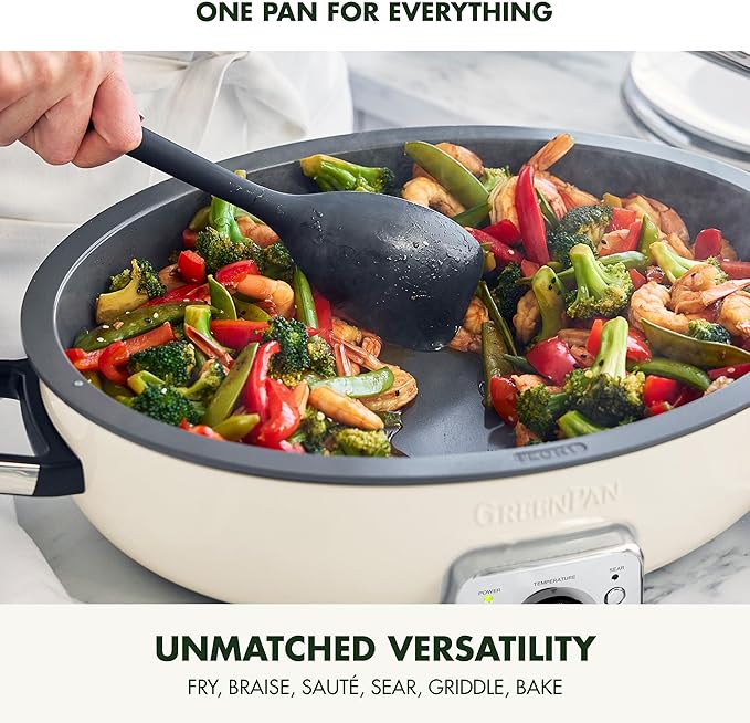 GreenPan Elite 5.5QT Electric Oval Skillet, PFAS-Free Ceramic Nonstick, 1800 Watt, Dishwasher Safe Lid & Removable Crock, Adjustable Temp Control Multi-Cooker, Sear, Sauté, Rice, Stir-Fry, Cream White
