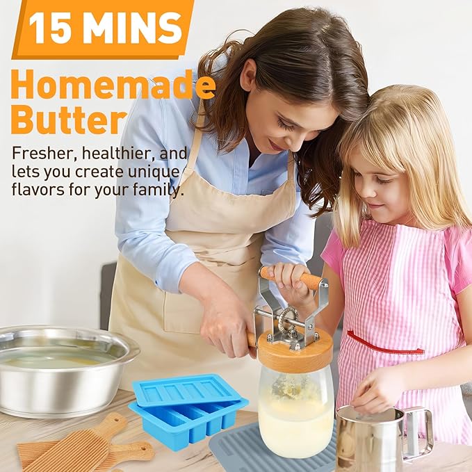 TeeMars Butter Churner - Upgraded Hand Crank Mason Jar Churn Kit, 34oz Manual Maker with 14 Recipe, Paddle, Mold with Lid, Cheese Cloth & Anti-slip Mat, Homemade Butter in 15Min