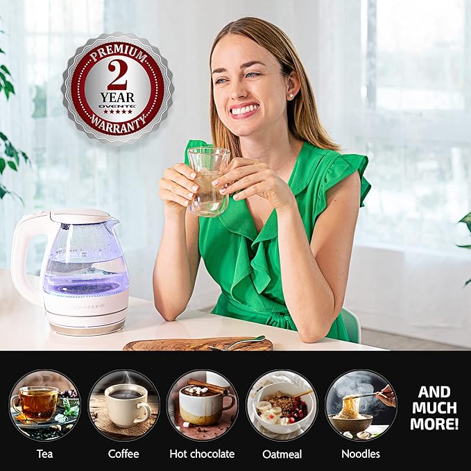 OVENTE Electric Kettle, 1.5L Borosilicate Glass Countertop Water Heater and Boiler for Coffee or Tea, BPA-Free, Auto Shut-Off, Boil-Dry Protection, Removable and Washable Spout Filter, White KG83W