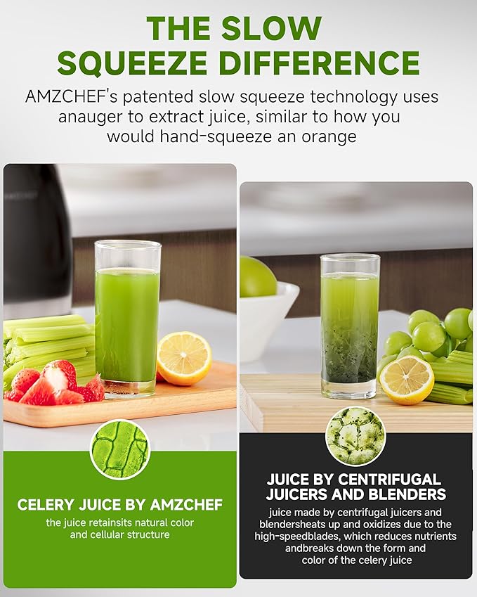 Juicer Machines - AMZCHEF Cold Press Masticating Juicer whole Fruit and Vegetable - Delicate Chew No Need to Filter - BPA Free Juice Extractor with 2 Cups and Brush- Ebony