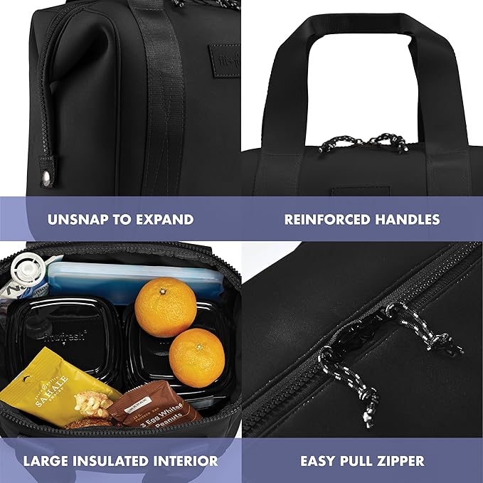 Fit & Fresh Remi Neoprene Lunch Bag For Women - Meal Prep Kit with Containers & XL Ice Pack, Self Insulating Neoprene-like Material, Machine Washable Lunch Bag, Tear-Resistant, Stain-Resistant, Black