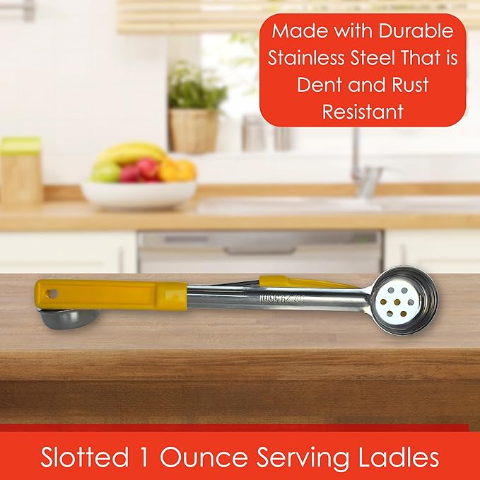 1 Ounce Slotted Stainless Steel Portion Control Ladle Spoon for Measuring and Serving; Commercial Grade Serving Scoops [Pack of 2]