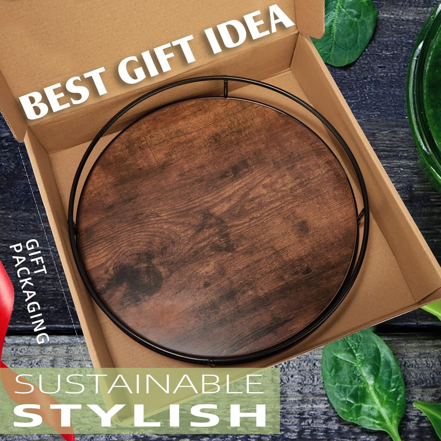 9 Inch Wood Lazy Susan Turntable for Table, Kitchen Rustic Brown Turntable Organizer with Steel Frame, 360 Degree Decorative Turntable for Countertop Cabinet or Centerpieces