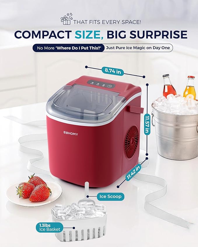 EUHOMY Countertop Ice Maker Machine with Handle, 26lbs Per Day, 9 Ice Cubes Ready in 6 Mins, Auto-Cleaning Portable Ice Maker with Basket and Scoop, for Home/Kitchen/Camping/RV (Red)