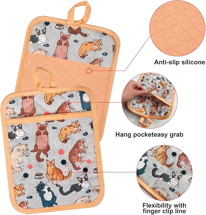 Alselo Oven Mitts and Pot Holders with Chef Apron,Set of 5 Heat Resistant Kitchen Gloves and Silicone Non-Slip Potholders Adjustable Neck Buckle Chef Apron, Cotton Nice Design for Cooking (Cat)