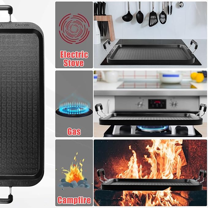 Vayepro Stove Top Flat Griddle, 17 Inch 2 Burner Griddle Pan for Stove Top Grill, Aluminum Pancake pan, Non-Stick Charcoal Grill For Outdoor/Camping