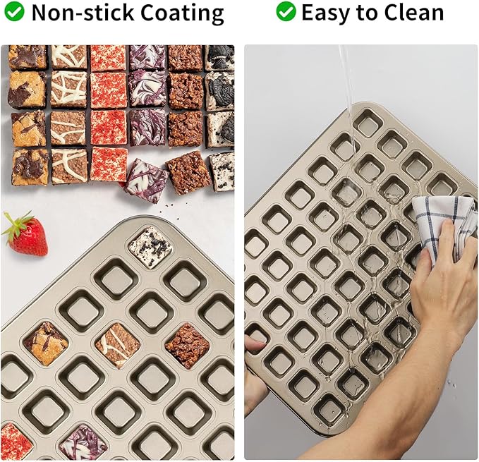 Beasea Square Mini Brownie Bite Pan, 2 Pack 48 Mini Small Tiny Cup All Edges Non Stick Square Cupcake Baking Sheet Tin Tray Carbon Steel Bakeware Individual Muffin Baking Pan - Gold