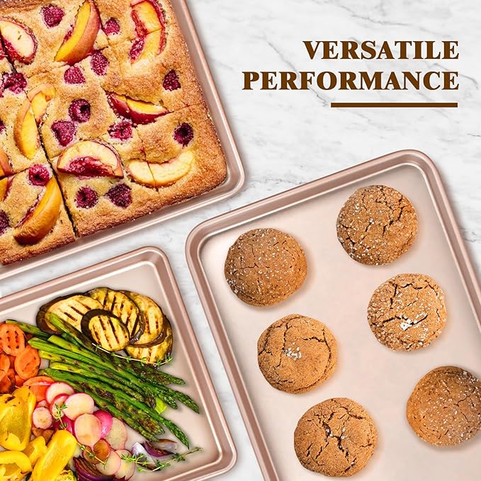Wildone 2 Pack Jelly Roll Pan, Nonstick Baking Sheet for Oven, Thicker Carbon Steel Cookie Sheet 15x10 Inch, Heavy Duty & Easy Clean, Rose Gold
