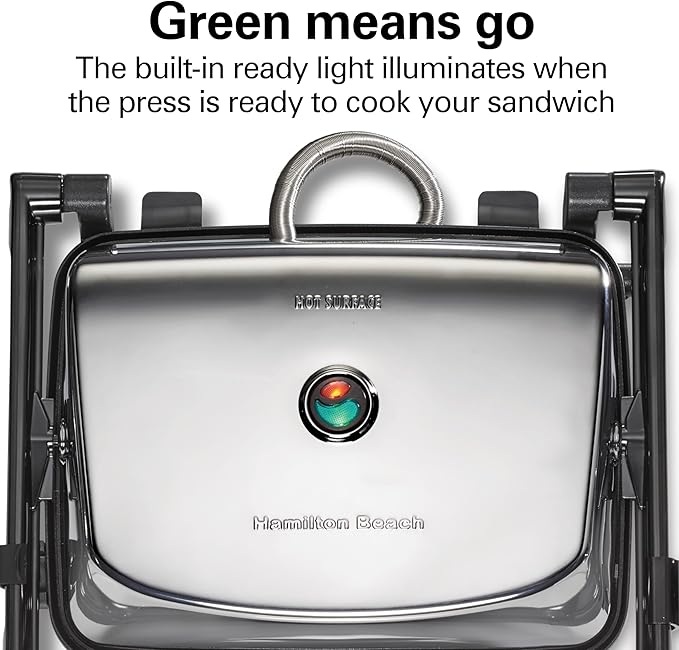 Hamilton Beach Panini Press Sandwich Maker & Electric Indoor Grill with Locking Lid, Opens Wide to Fit Any Thickness for Quesadillas, Burgers & More, Nonstick 8" x 10" Grids, Chrome (25460MNA)