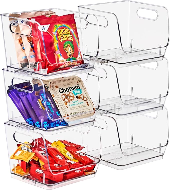Sorbus Stackable Storage Bins Open Front, Clear Stackable Storage Bins, Pantry Bins for Storage and Organization, Acrylic Stackable Bins for Kitchen, Clear Pantry Organizer Bins (Small Wide 6 Pack)
