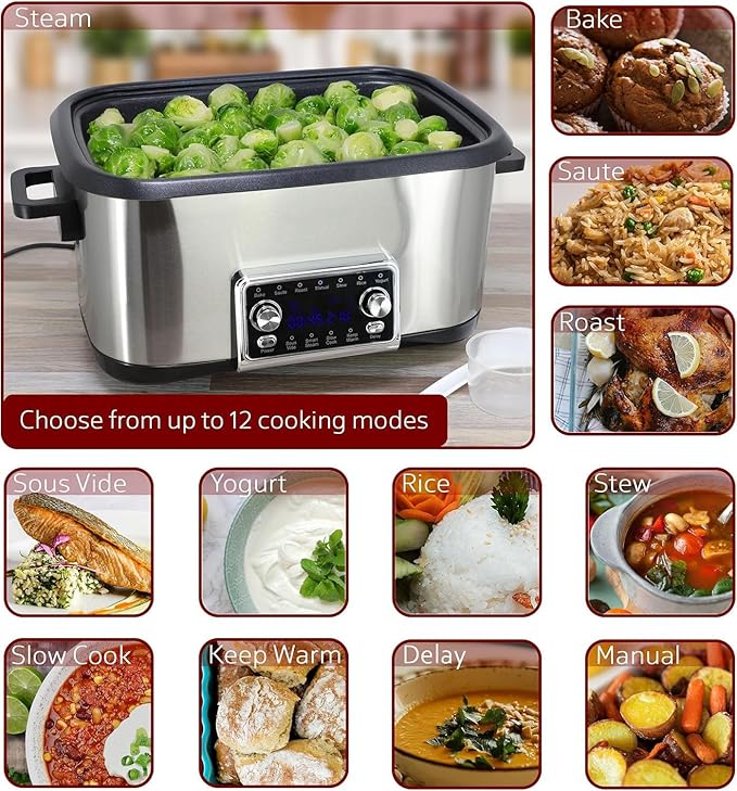 8 Quart 12-in-1 Deluxe Multi Cooker with Sous Vide Function, Programmable Electric Pressure Cooker with Non-Stick Pot, Glass Lid & Adjustable Temperature Settings for Family Meals