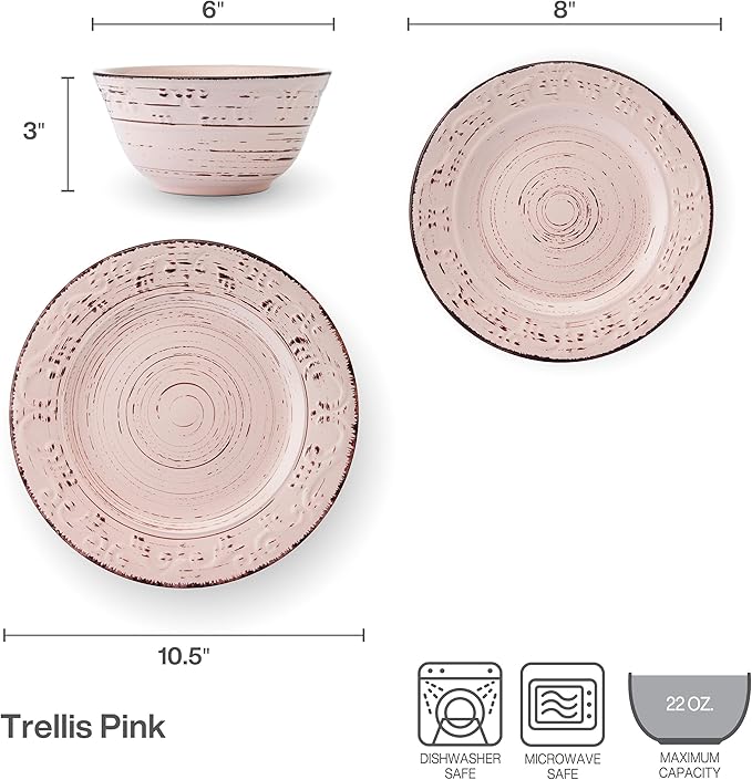 Pfaltzgraff Pink Trellis 12-Piece Dinnerware Set, Stoneware Plates and Bowls Sets for 4, Dishwasher and Microwave Safe, Rustic Garden-Inspired Design