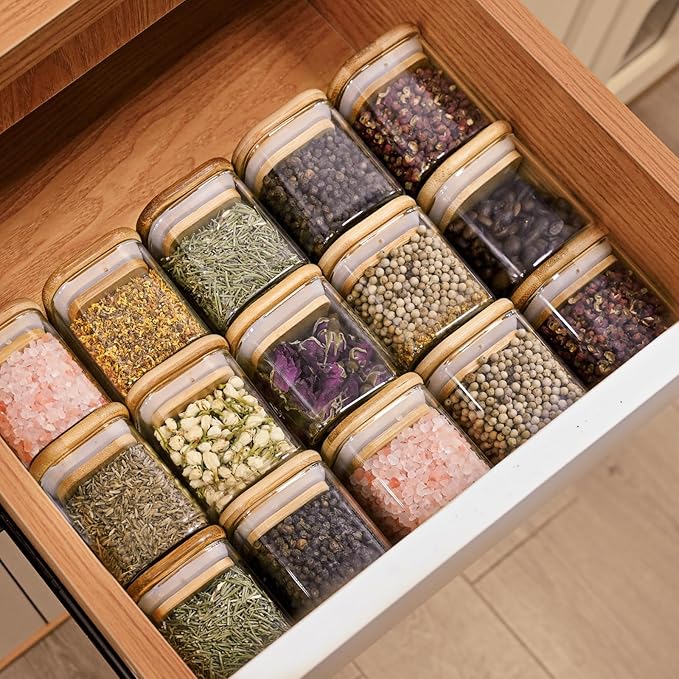 SHOWIN Glass Food Storage Jars Square 4oz, 12 Pack Glass Jars With Bamboo Lids, Kitchen Storage Containers For Spice, Candy, Cookie, Storage For Pantry Organizers