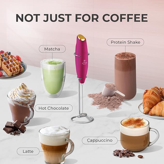 Zulay Kitchen Powerful Milk Frother Wand With 4 AA Duracell Batteries - Ultra Fast Handheld Drink Mixer - Electric Whisk Foam Maker for Coffee, Lattes, Cappuccino, Matcha & Creamer - Hot Pink Gold