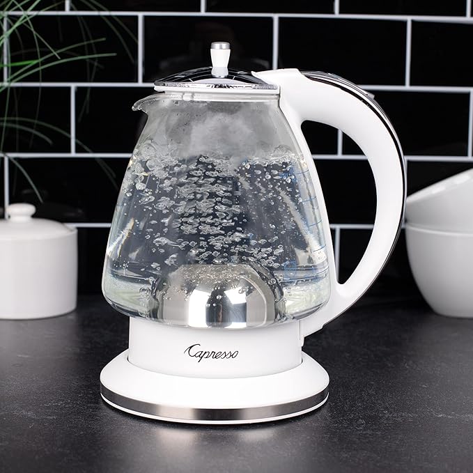 Capresso H2O Glass Kettle, 240.02, White and polished chrome, 48 ounces