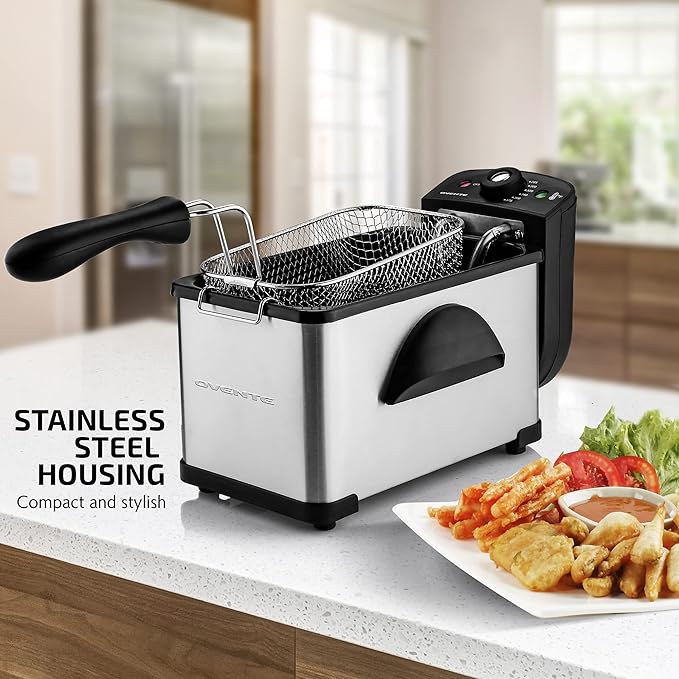 OVENTE Electric Deep Fryer 2 Liter Capacity, 1500 Watt Lid with Viewing Window and Odor Filter, Adjustable Temperature, Removable Frying Basket and Easy to Clean Stainless Steel Body, Silver FDM2201BR