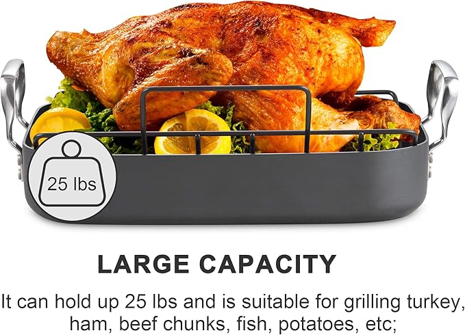Cooks Standard Turkey Roasting Pan with Rack, Hard Anodized Nonstick 16-Inch x 12-Inch Chicken Ham Roaster Pan Multi-Use Grill Pan with Handles, Black