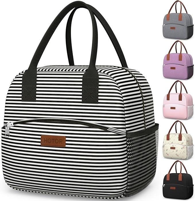 HOTOR Lunch Bag for Women & Men - Wear-Resistant Insulated Lunch Box with Large Capacity, Multi-Functional Cooler Bag for Office, Picnic, Black and White Stripes, 10L,10.60" x 5.90" x 9.50"