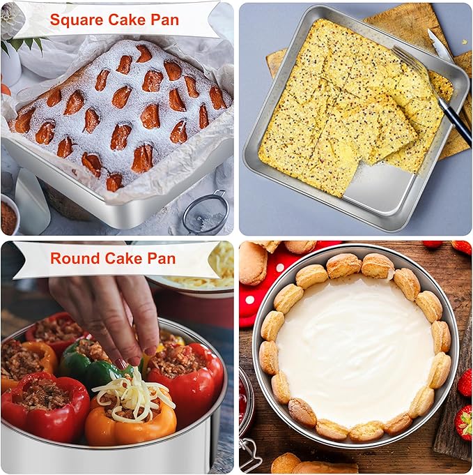 TeamFar Bakeware Sets of 7, Stainless Steel Bakeware Sets for Oven, Baking Sheet & Toaster Oven Pan, Square & Round Cake Pan, Muffin Pan & Loaf Pan, Lasagna Pan, Healthy & Sturdy, Dishwasher Safe