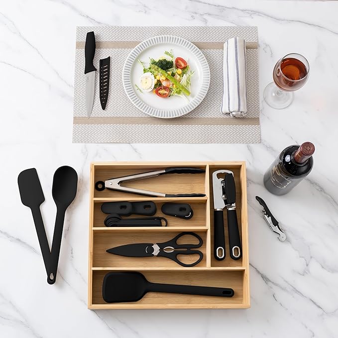 COOK WITH COLOR Bamboo Kitchen Utensil Set with Drawer Organizer | Cooking Tools and Storage Caddy, Black, 18 Piece Gadget Set
