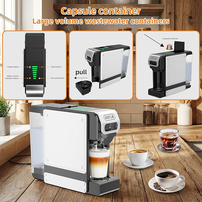 KOTLIE Single Service Coffee Maker for K*cup/Dol*e Gu*to/Ne*presso Original and Ground Coffe,34 oz,7 Water Levels,Compact Coffee Maker,ST-550 (Black)
