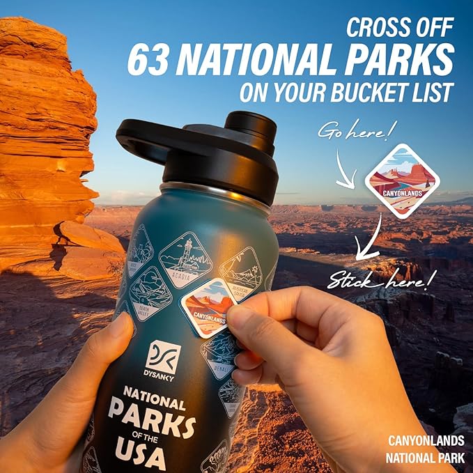 DYSANKY National Parks Water Bottle – 40 oz Insulated Stainless Steel Bottle with 63 Hand-Drawn Park Stickers, Carrier Bag, Strap & Gift Box – BPA-Free – Ideal for Hiking, Camping & Travel