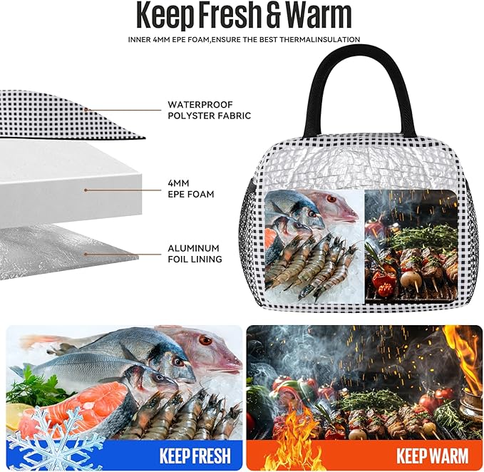 douyadady Lunch Bag Women/Men Lunch Box Women/Men (Black+White Grid)