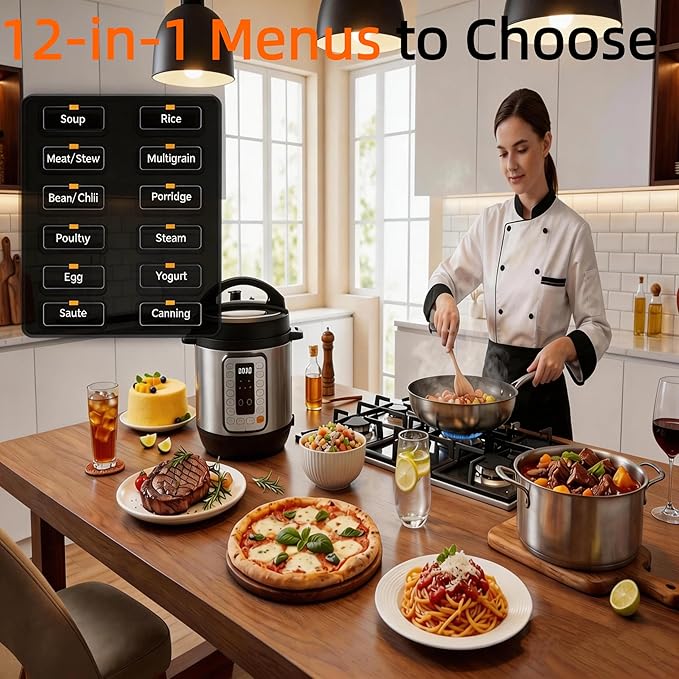 Simple Deluxe 6QT Electric Pressure Cooker, 16-in-1 & Non-Stick Stainless Steel Multi Cooker with 12 Presets for Slow Cook, Meat Stew, Steam, Sauté, Canning, Yogurt Maker, Dishwasher Safe, Silver