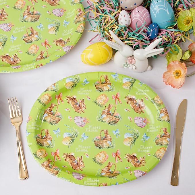 WDF 50Pack Easter Plates Oval Paper Plates - 10" x 12" Bunny Plates for Party Supplies Easter Rabbits Large Disposable Platter for Easter Serving Tray Baby Shower Birthday