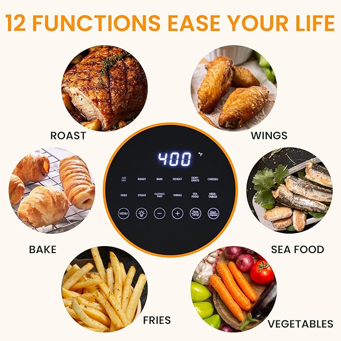 HealSmart 12-in-1 Air Fryer Oven, 6.34 Qt Digital Convection Oven with Visible Window & 1700W, Air Fry, Roast, Bake, Nonstick Basket, Black